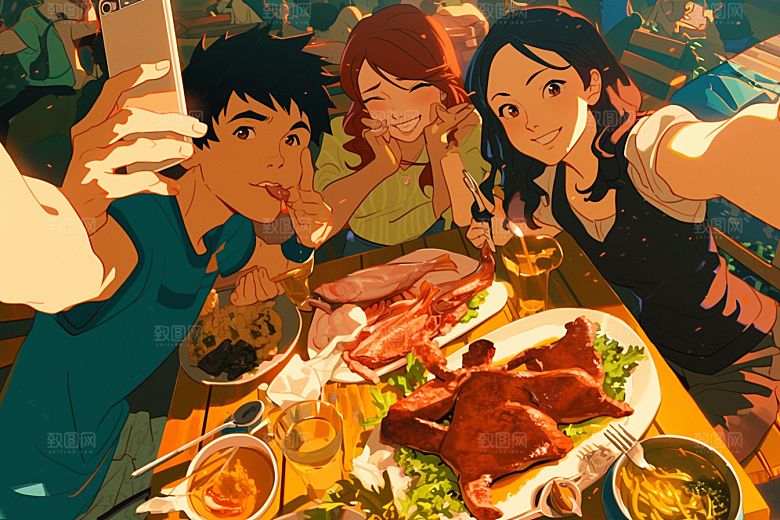 夏日聚会友谊自拍插画