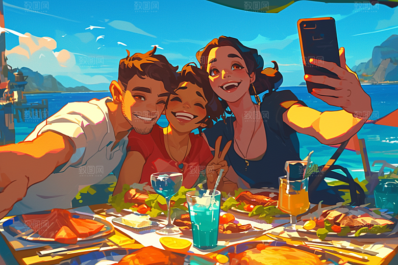 夏日聚会暑假友谊插画