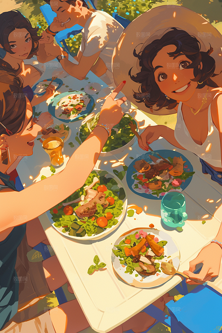 夏日聚会友谊手绘插画