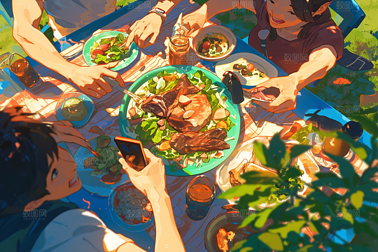 夏日聚会玩耍漫画风插画