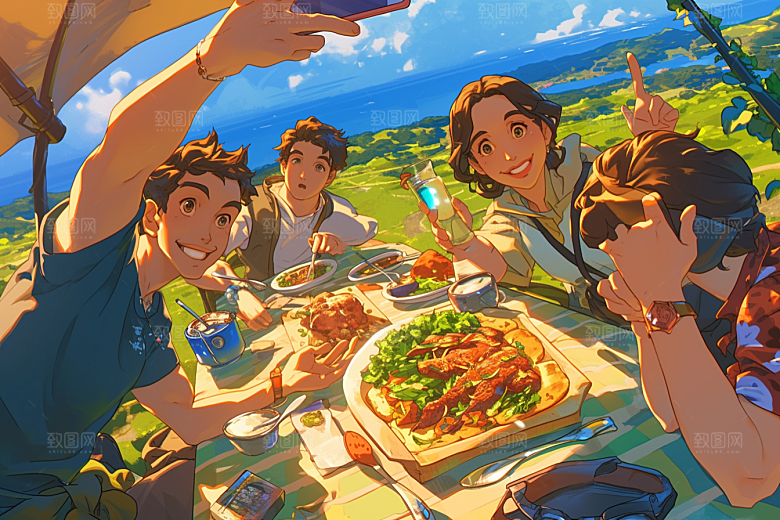 夏日聚会高清手绘插画