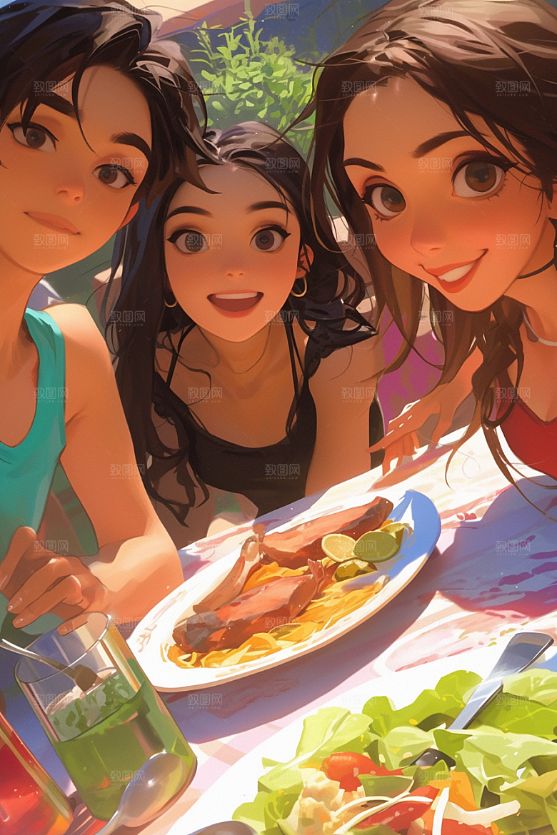 夏日聚会同学假日插画