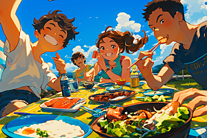 夏日聚会欢乐手绘插画