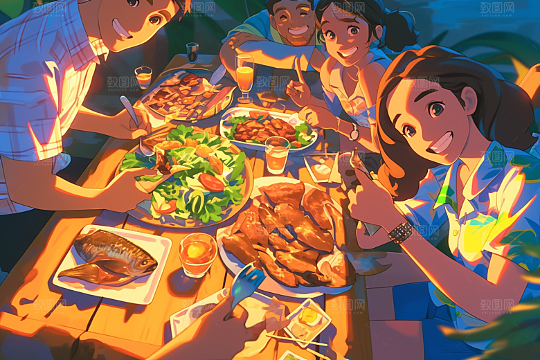夏日聚会自拍友情插画