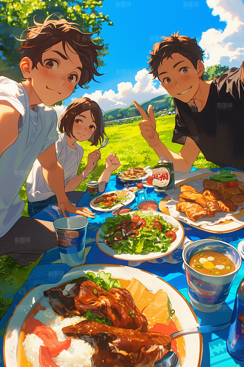 夏日聚会自拍场景插画
