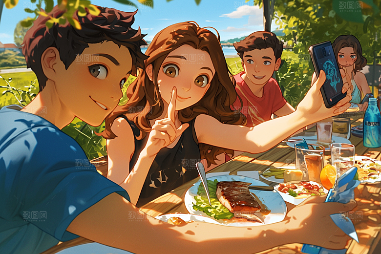 夏日聚会场景同学插画