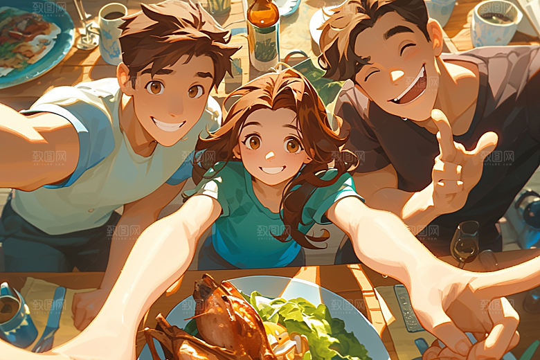 夏日聚会发小同学插画