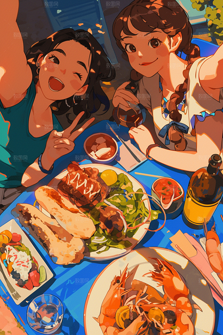 夏日聚会手绘漫画风插画