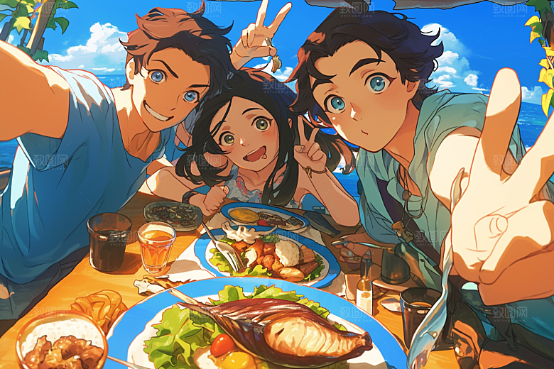 夏日聚会暑假漫画风插画