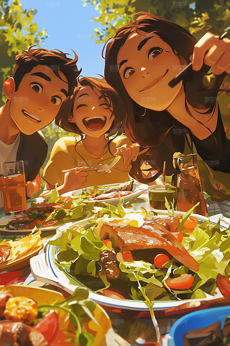 夏日聚会场景发小插画