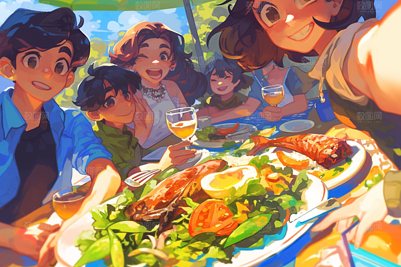 夏日聚会发小自拍插画