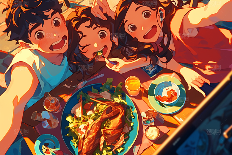 夏日聚会场景漫画风插画