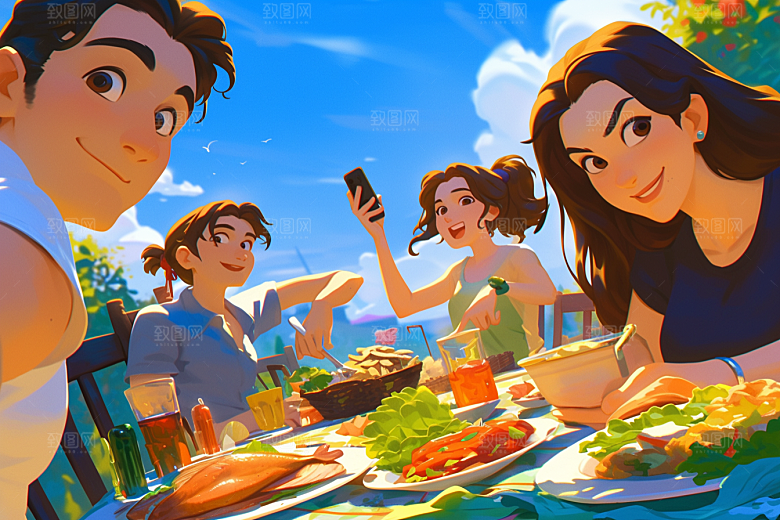 夏日聚会欢乐友情插画