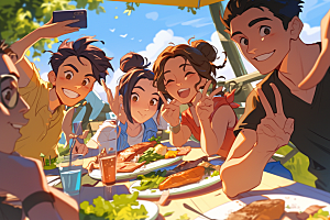 夏日聚会手绘暑假插画