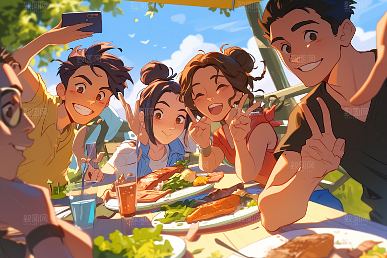 夏日聚会手绘暑假插画