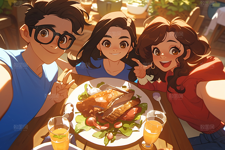 夏日聚会手绘同学插画