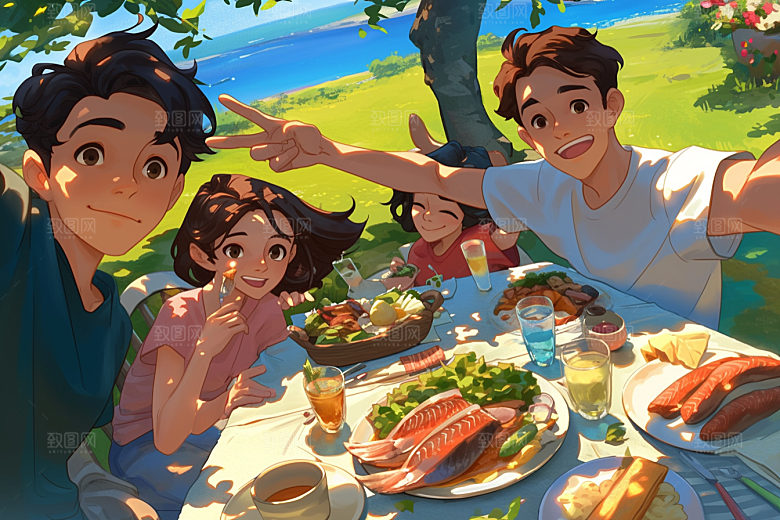 夏日聚会场景漫画风插画
