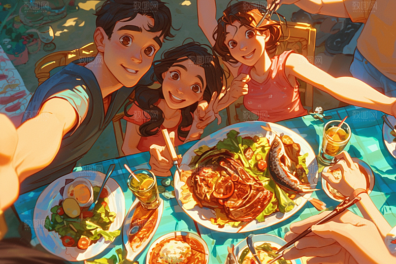 夏日聚会自拍友情插画