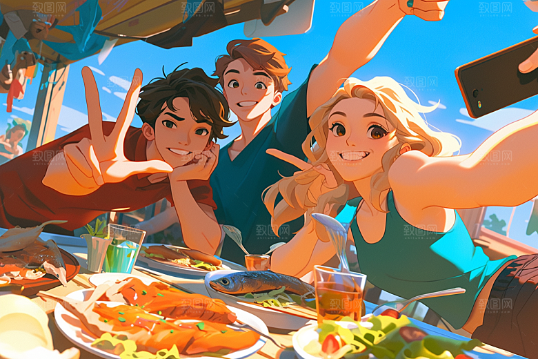 夏日聚会漫画风高清插画
