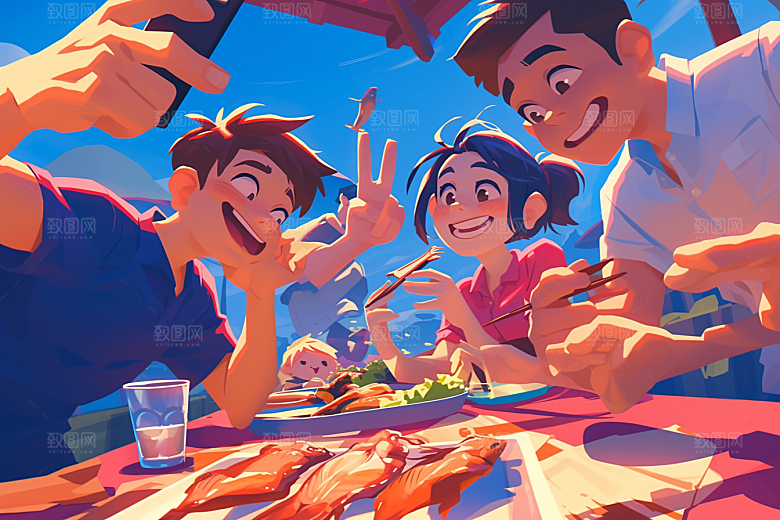 夏日聚会假日同学插画