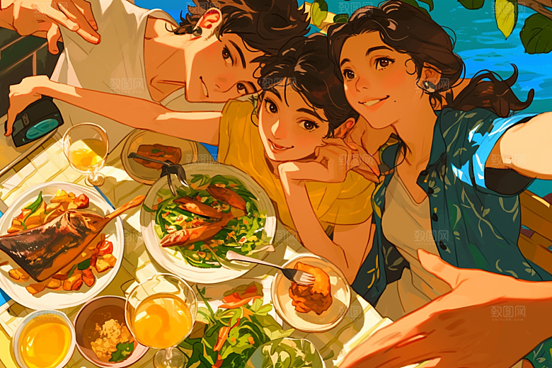 夏日聚会欢乐自拍插画