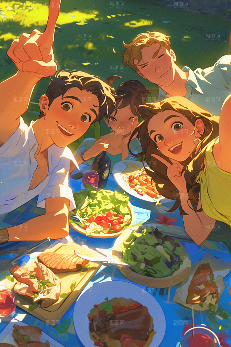 夏日聚会自拍假日插画