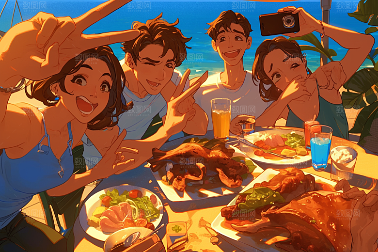 夏日聚会暑假发小插画