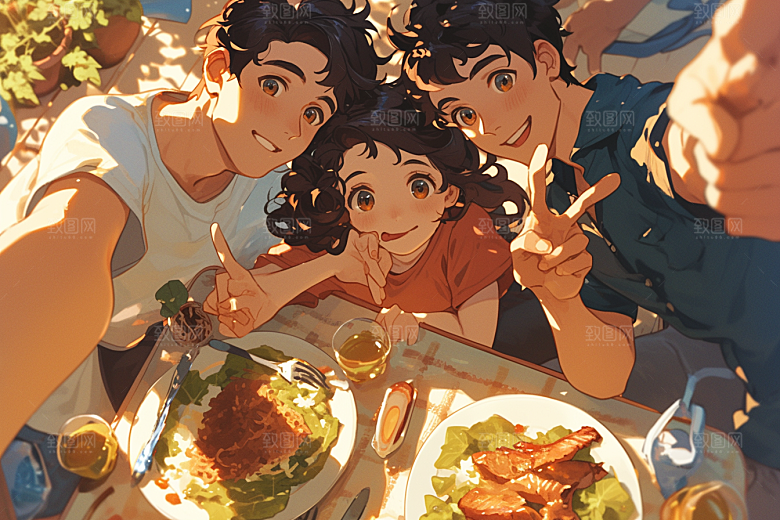 夏日聚会发小自拍插画