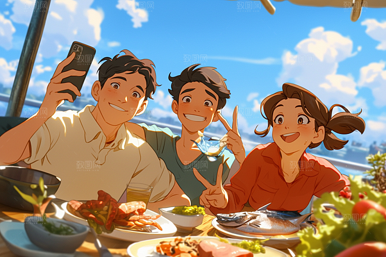夏日聚会假日同学插画