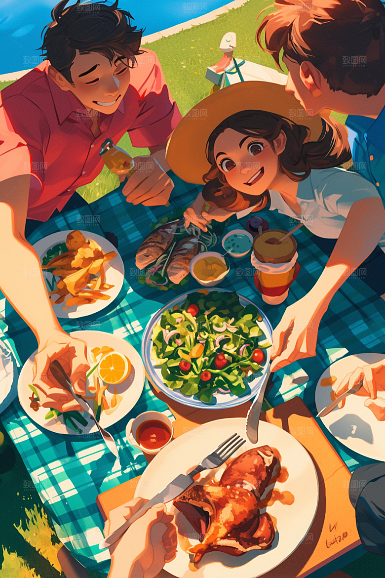 夏日聚会发小欢乐插画