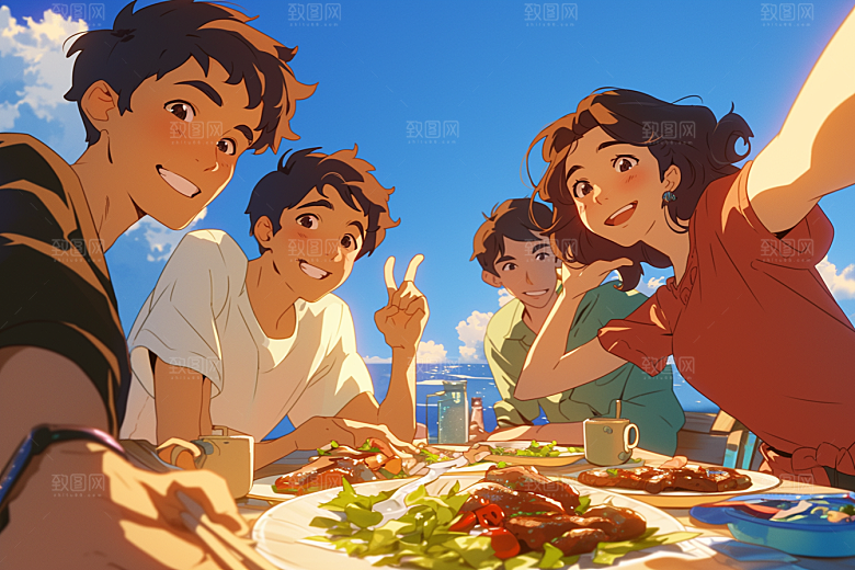 夏日聚会发小漫画风插画