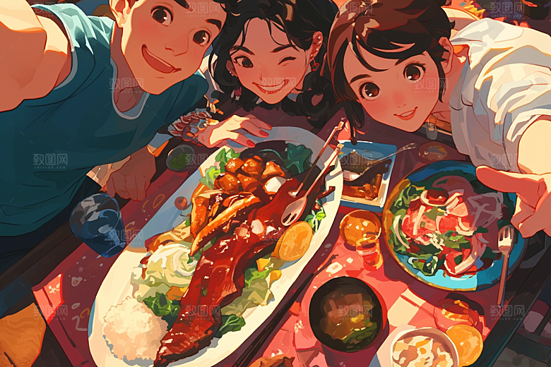夏日聚会同学手绘插画