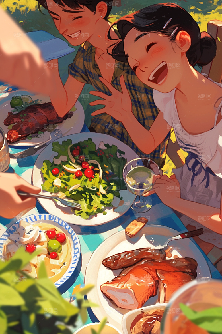 夏日聚会手绘欢乐插画