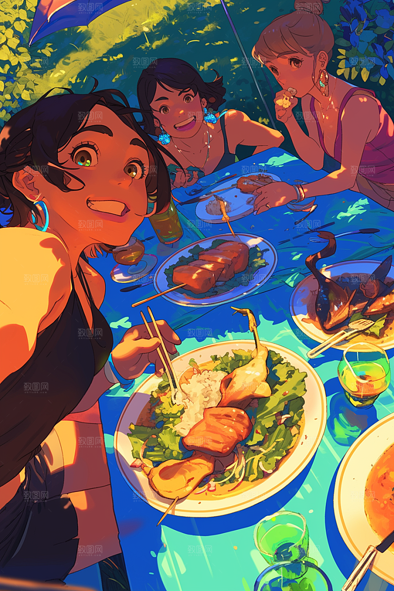 夏日聚会自拍玩耍插画