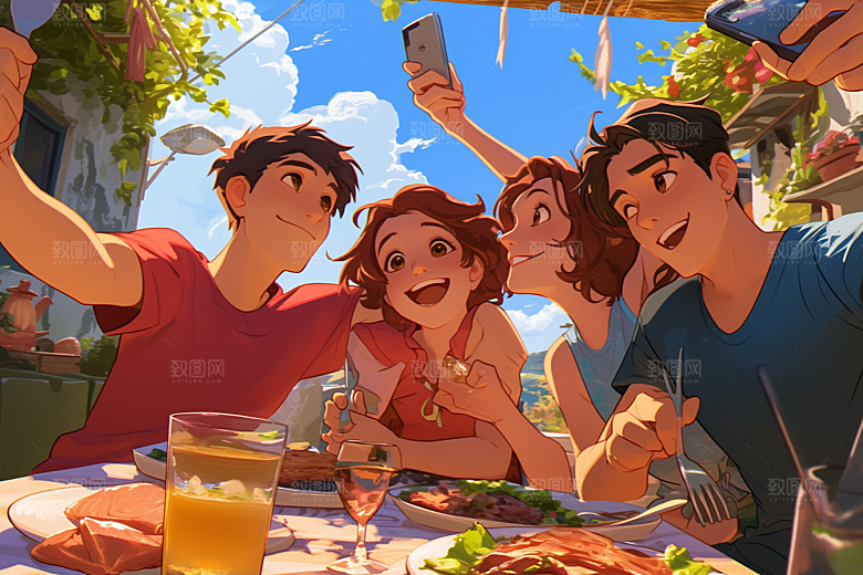夏日聚会自拍同学插画
