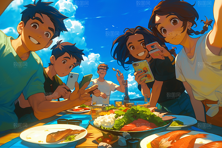 夏日聚会漫画风高清插画