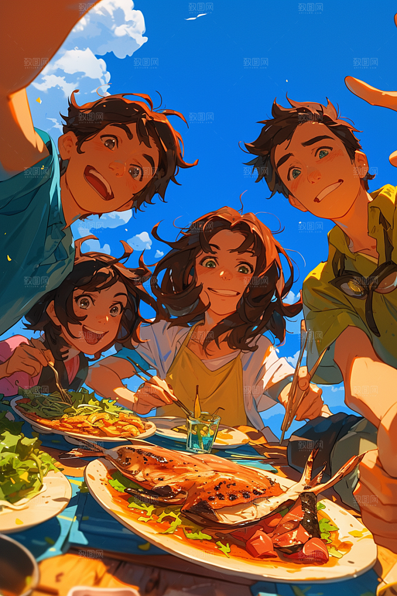 夏日聚会发小高清插画