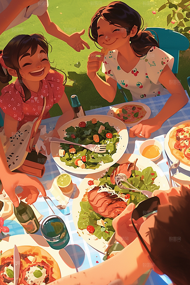 夏日聚会欢乐自拍插画