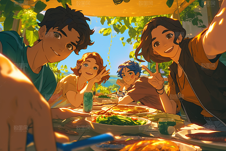 夏日聚会手绘暑假插画
