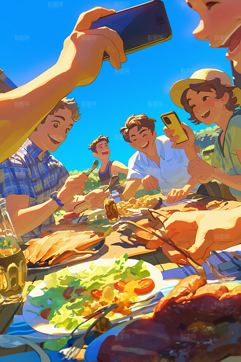 夏日聚会自拍暑假插画