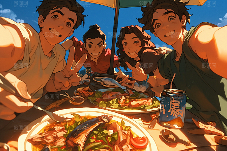 夏日聚会同学欢乐插画