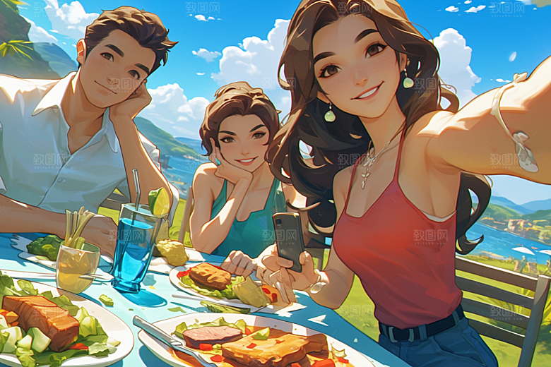 夏日聚会自拍玩耍插画