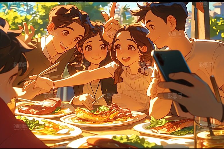 夏日聚会发小场景插画
