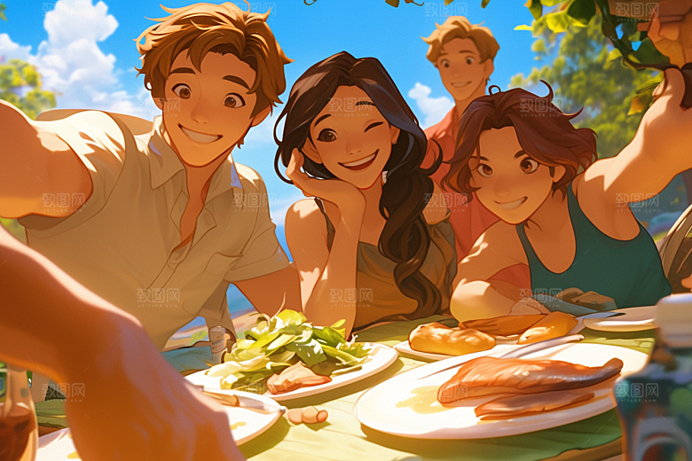 夏日聚会场景漫画风插画