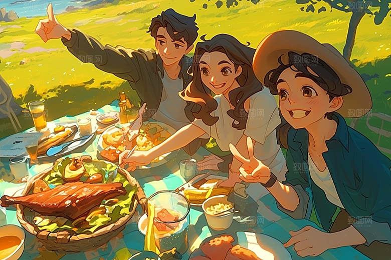 夏日聚会友情自拍插画