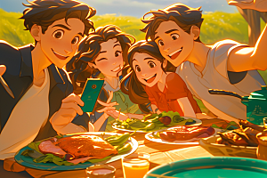 夏日聚会漫画风场景插画