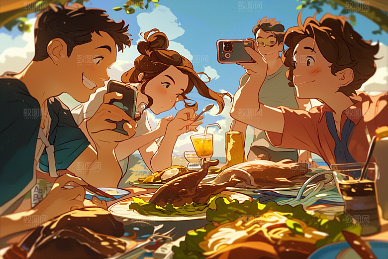 夏日聚会玩耍同学插画