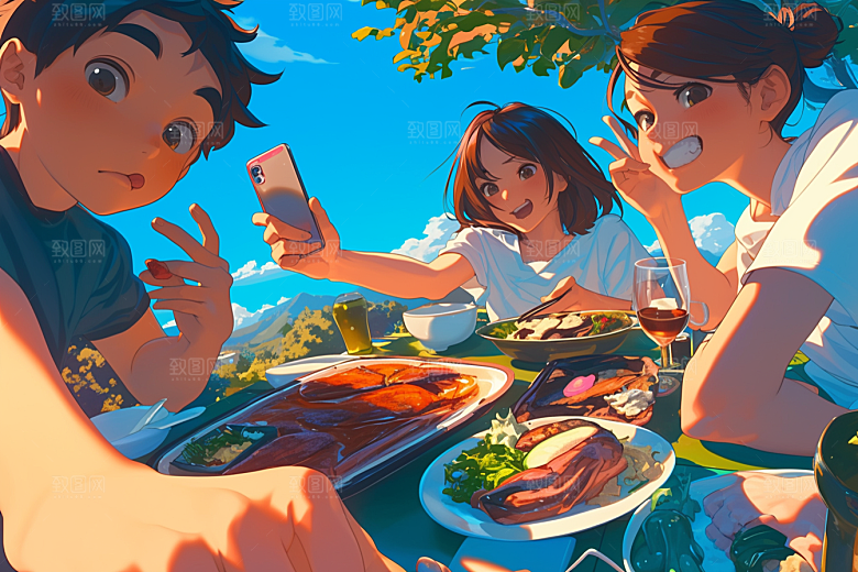 夏日聚会玩耍漫画风插画