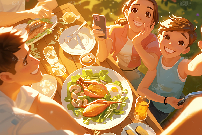 夏日聚会暑假发小插画