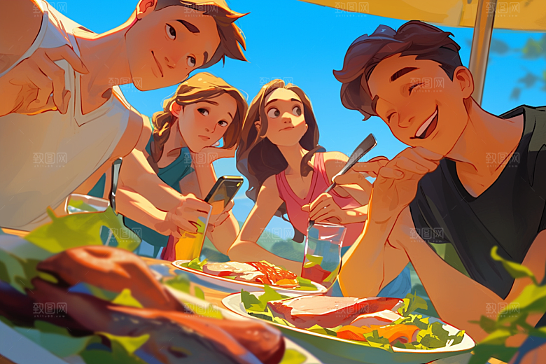 夏日聚会同学假日插画